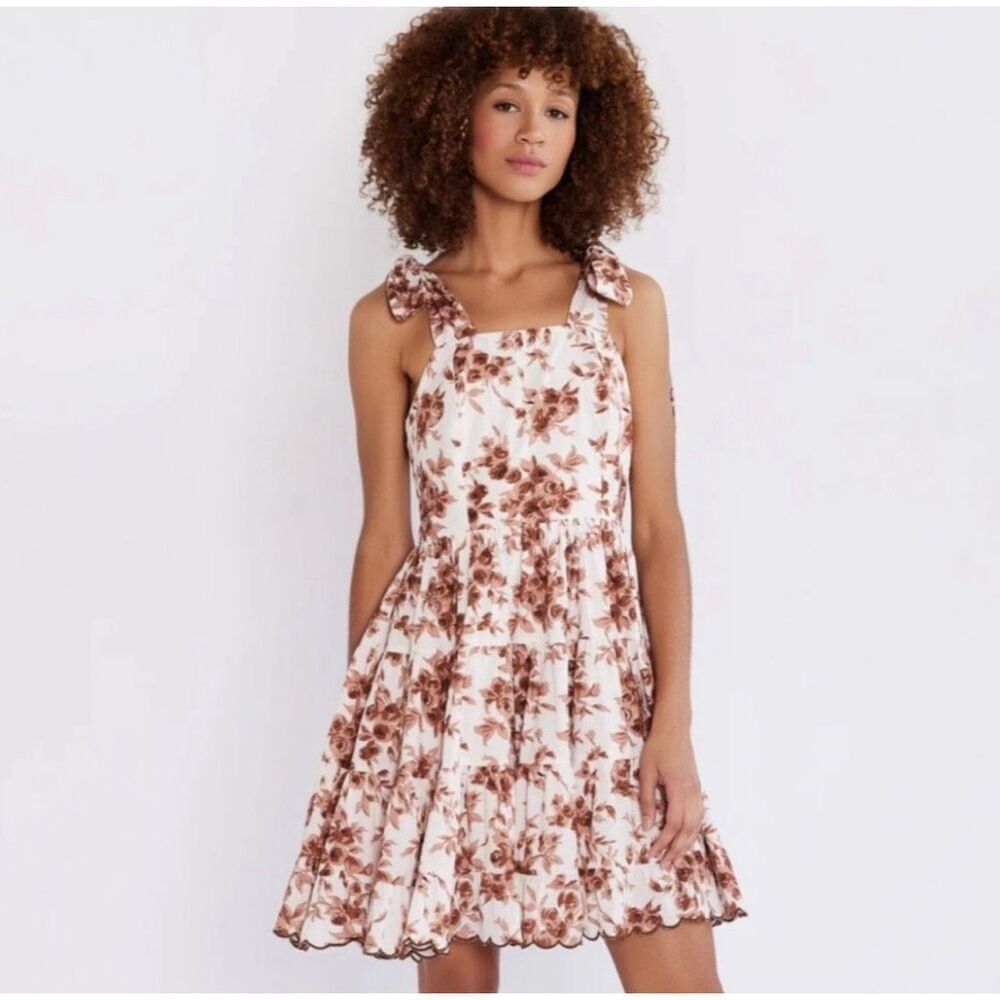 Mille Kiara Dress Small Brown Floral Tie Shoulder Tiered Ruffle Square Neck Boho